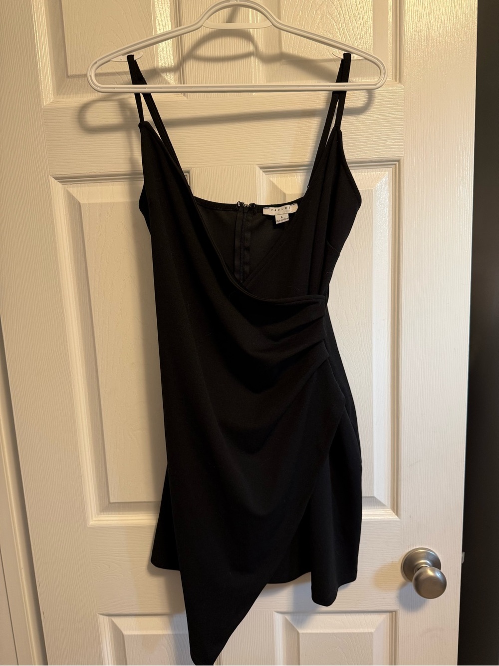 FAVLUX Black Asymmetric Mini Dress with Waist Ruching - Women’s L
